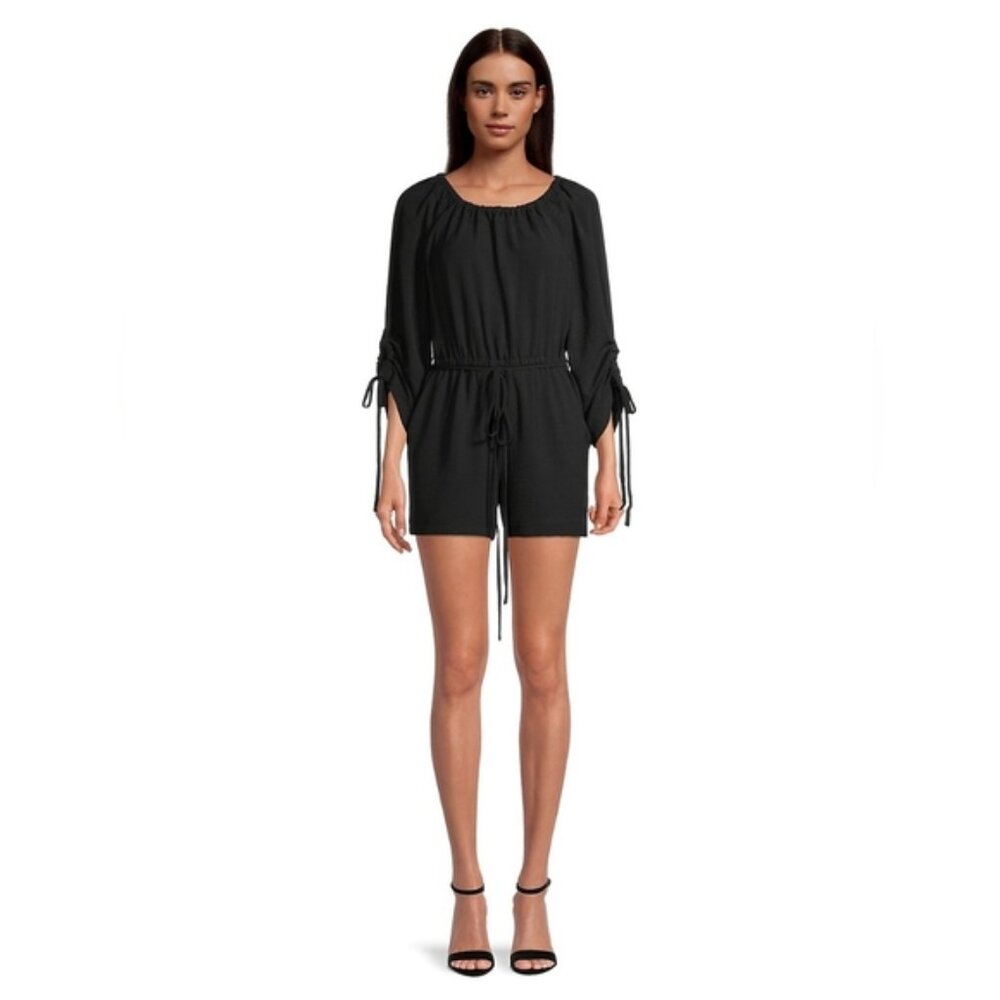 Calvin Klein Drawstring Playsuit Dressy Romper Shorts 3/4 Sleeves Black Size 8